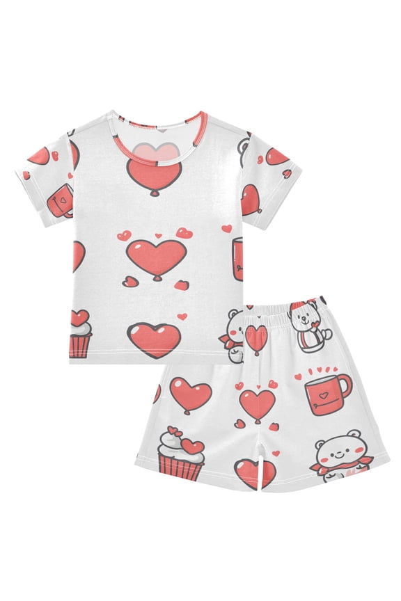 Pink Theme Icon Summer Pajama Set Soft Cotton Short Sleeve Sleepwear 2PCS Pajama Sets Breathable Lounge Set Size 5Y