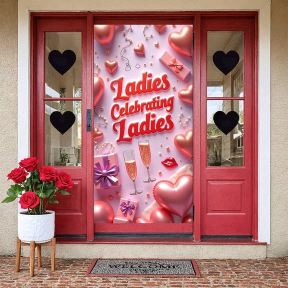 Pink Theme Ladies Celebration Banner Heart-shaped Women Party Display Gift Box Design Champagne Glass Girls Gathering Backdrop for Ladies Party Girls Gathering Bachelorette Party