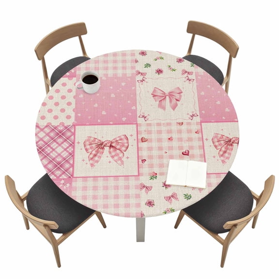 Pink Theme Round Fitted Tablecloth with Elastic Edge Cute Bow Love Roses Plaid Polka Dot Patchwork Retro Table Cover Fit for 45"-54" Tables Waterproof Tablecloths for Dinner Camping Picnic