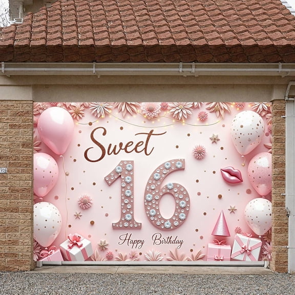 Pink Theme Sweet 16 Banner Gold Glitter Display Floral Design Balloon Decor Sweet Sixteen Backdrop for Sweet 16 Party Teen Birthday Celebration Girls' Birthday