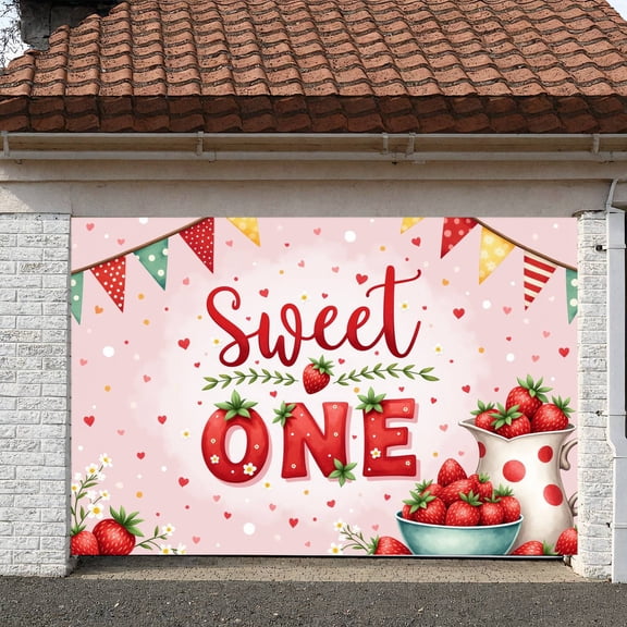 Pink Theme Sweet One Banner Strawberry Pattern First Birthday Display Heart Design Colorful Bunting Strawberry Backdrop for 1st Birthday Party Baby Celebration Photo Shoot Backdrop