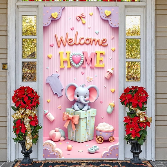 Pink Theme Welcome Home Banner Heart Pattern Baby Welcome Display Elephant Design Bow Decoration Newborn Backdrop for Newborn Welcome Baby Homecoming Baby Shower