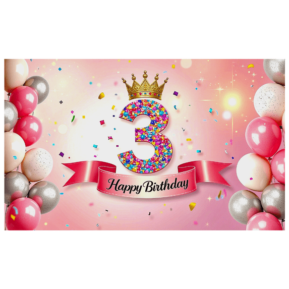 Pink Themed 3rd Birthday Banner with Crown and Glittery Number 3 Background Backdrop Happy Birthday Party Supplies Photo Props Decors for Birthday Party Photography Events Celebrations