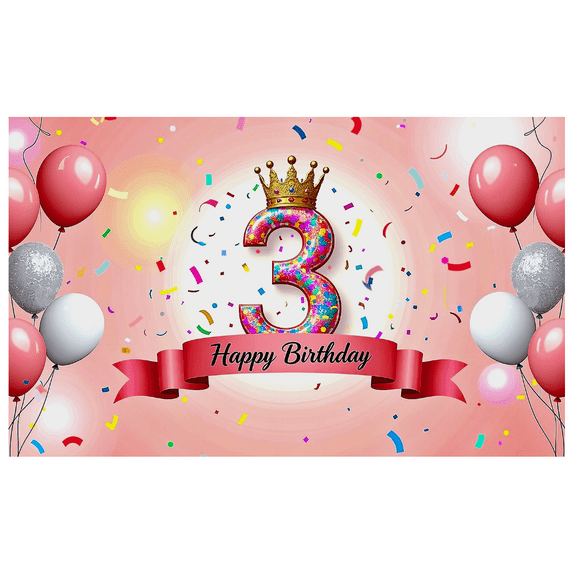 Pink Themed 3rd Birthday Banner with Crown and Glittery Number 3 Background Backdrop Happy Birthday Party Supplies Photo Props Decors for Birthday Party Photography Events Celebrations