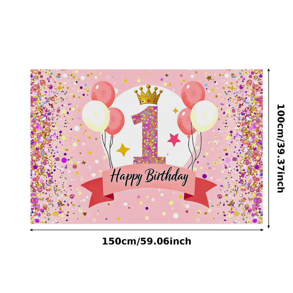 Pink Themed First Birthday Banner with Crown Balloons and Stars Background Happy Birthday Party Supplies Backdrop Decorations for Photography Props Photo Booth Party Decor