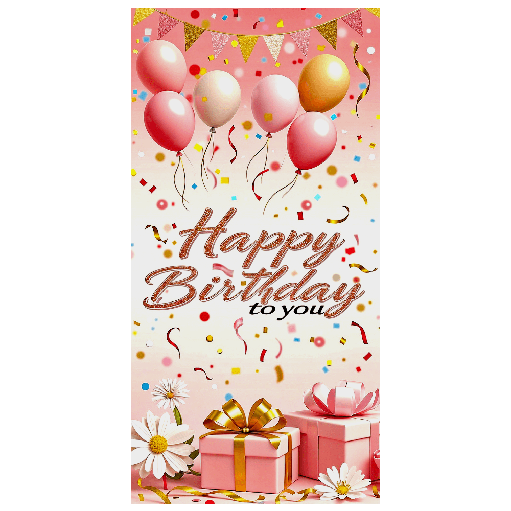 Pink Themed Happy Birthday Banner with Balloons Confetti Gifts and ...
