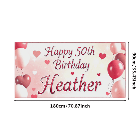 Pink Themed Heart Balloon Design Happy 50th Birthday Banner for Heather Party Supplies Birthday Decoration Photography Props Backdrop Background Decorations