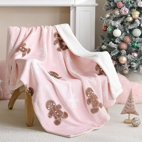 Pink Throw Blanket - Christmas Fluffy Blanket with Gingerbread and Snowflake Pattern - Reversible Sherpa Fleece Soft Blanket - Cozy Lightweight Throw Blanket for Couch Bed Sofa, 50x60 Inches