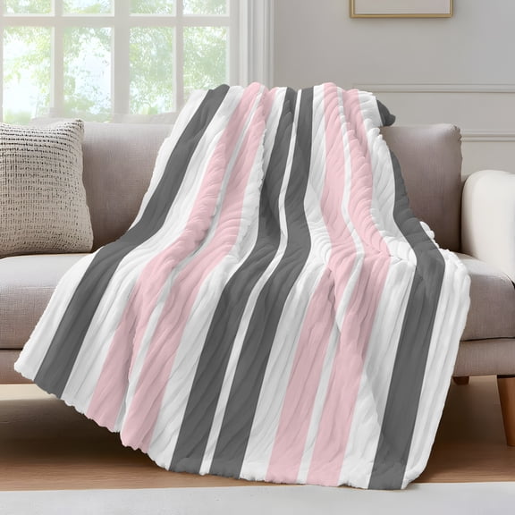 Pink and Throw Blanket for Couch Grey Striped Rectangular Geometric Soft and Warm Flannel 3D Striped Fluffy Fuzzy Fleece Blanket Lightweight Throw for Bed, Sofa 40 x 50 Inches