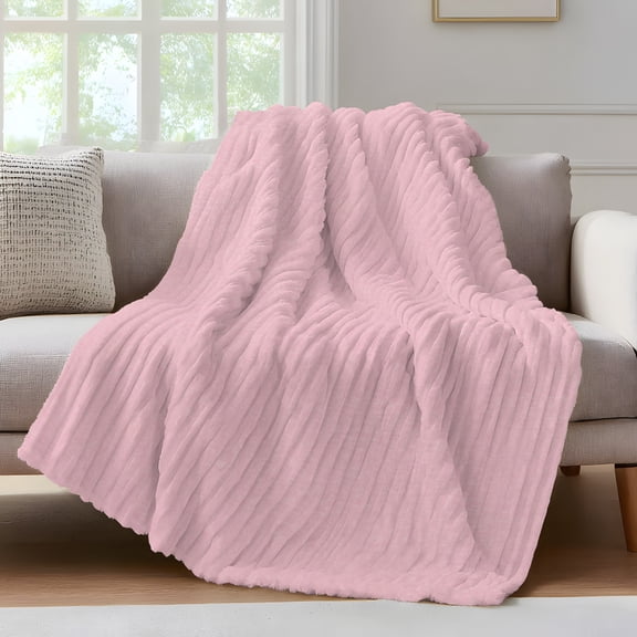Pink Throw Blanket for Couch Natural Solid Color Organic Mottling Texture Soft and Warm Flannel 3D Striped Fluffy Fuzzy Fleece Blanket Lightweight Throw for Bed, Sofa 50 x 60 Inches