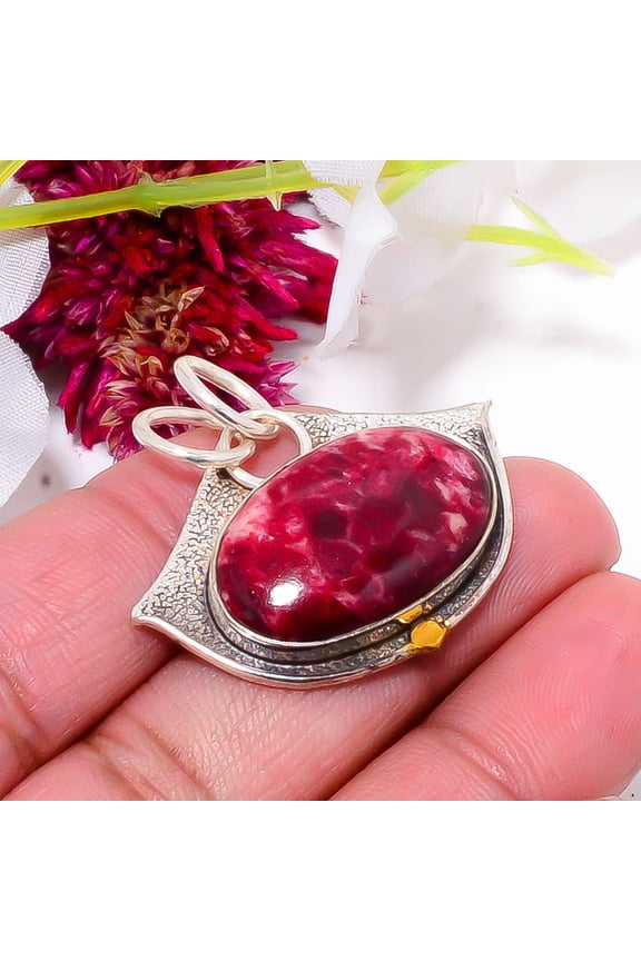 Pink Thulite - Norway 925 Sterling Silver Two Tone Designer Pendant 1.37" Sku30, Lavender Pendant, Natural Gemstone Pendant