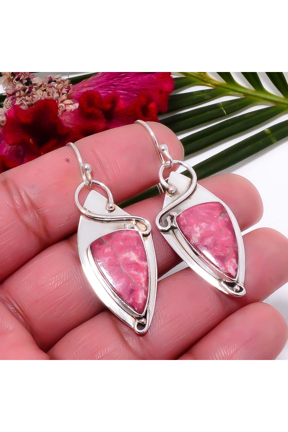 Pink Thulite - Norway Designer Handmade 925 Sterling Silver Earring 2.03" Sku22, Lavender Earring, Natural Gemstone Earring
