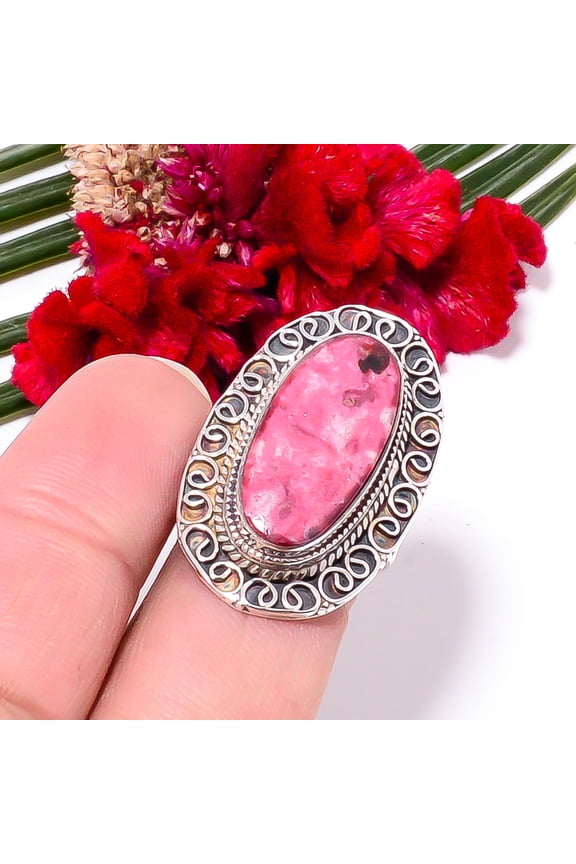 Pink Thulite - Norway Fine Art Oxidised 925 Sterling Silver Ring s.7.5 Sku29, Lavender Ring, Natural Gemstone Ring