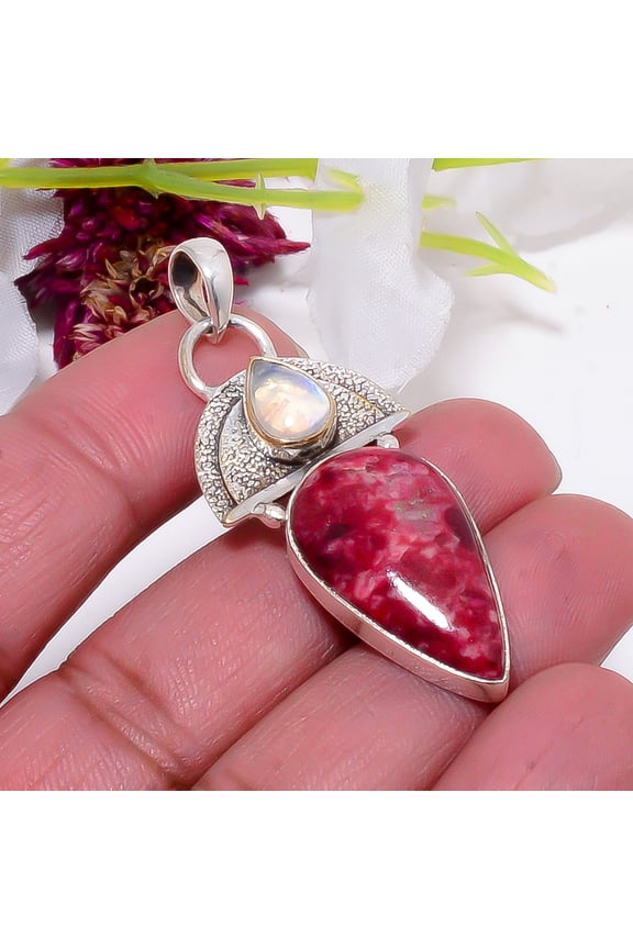 Pink Thulite - Norway & Rainbow Moonstone - India Designer Handmade 925 Sterling Silver Pendant 2.03" Sku4, Lavender Pendant, Natural Gemstone Pendant