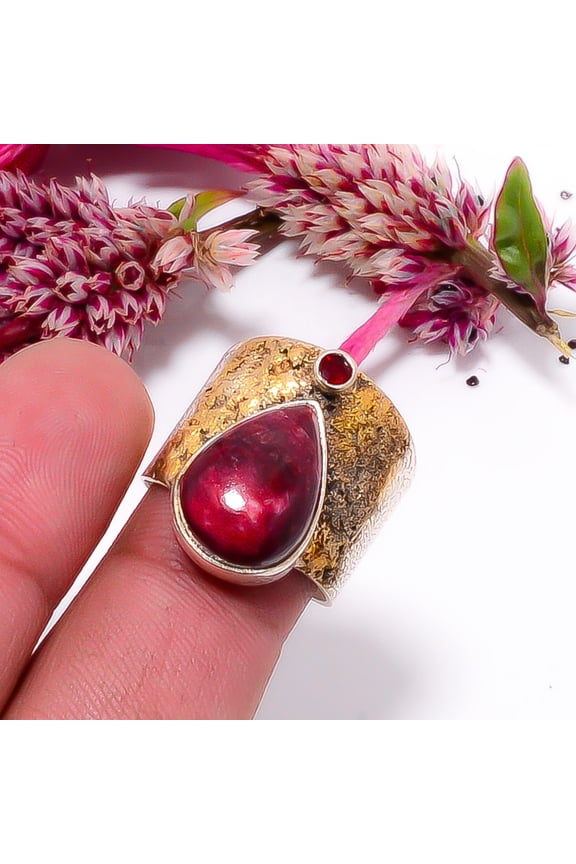 Pink Thulite - Norway & Red Garnet Two Tone Designer 925 Sterling Silver Ring s.8 Sku53, Lavender Ring, Natural Gemstone Ring