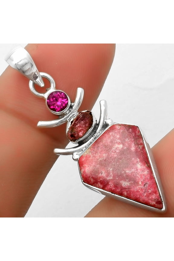 Pink Thulite, Pink Tourmaline Rough & Garnet 925 Silver Pendant Jewelry P-1593 SDP114782