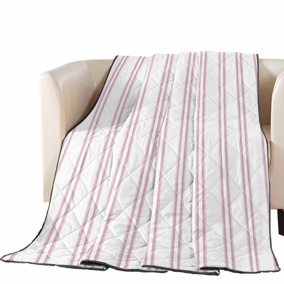 Pink Ticking Stripes Quilted Comforters Cooling Blanket Oversized King Size, Minimalist Vertical Lines White Cold Comfort for Hot Sleepers Lightweight Air Conditioning Quilt Blanket for Bed