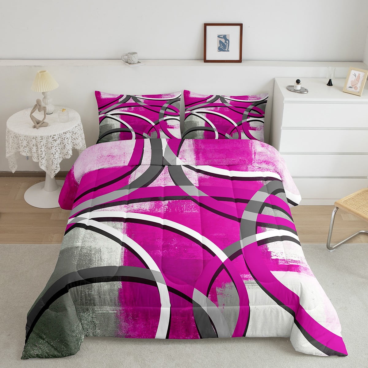 Pink Tie Dye Comforter Set Full for Girl Women Modern Abstract Art