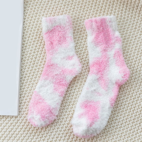 Pink Tie Dye Fuzzy Socks for Women - Ultra Soft Cozy Fluffy Crew Socks, Warm Plush Lounge House Socks One Size,Size Free Size