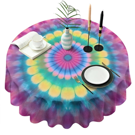 Pink Tie Dye Petal Mandala Pattern Round Tablecloth 60"x60",Wrinkle Wipeable Table Cloth for Kitchen Dining Room Picnic Patio Party