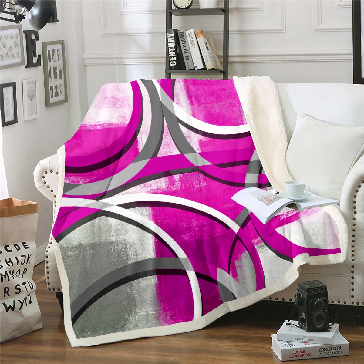 Pink Tie Dye Sherpa Blanket for Girls Women Modern Abstract Art Blanket
