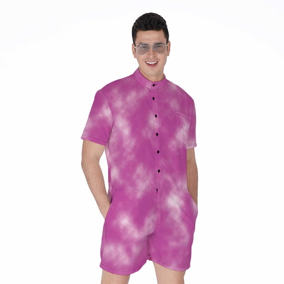 Pink Tie Dye Short Sleeve Men'S Rompers, Tie Dye Pattern Casual Summer Jumpsuits Outfit