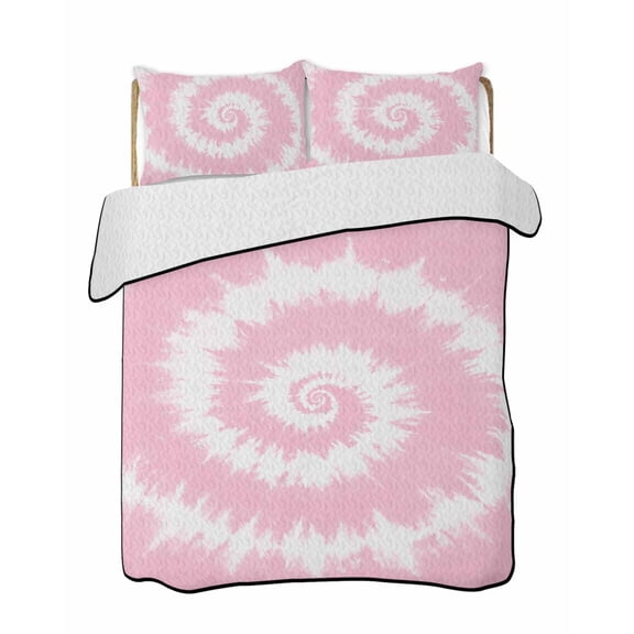 Pink Tie-dye Quilts Bedding Set California King Chinese Style Abstract Ethnic Lightweight Quilted Bedspread 3 Piece Bed Quilt with 2 Pillow Shams All Season for Bedroom 96" x 106"