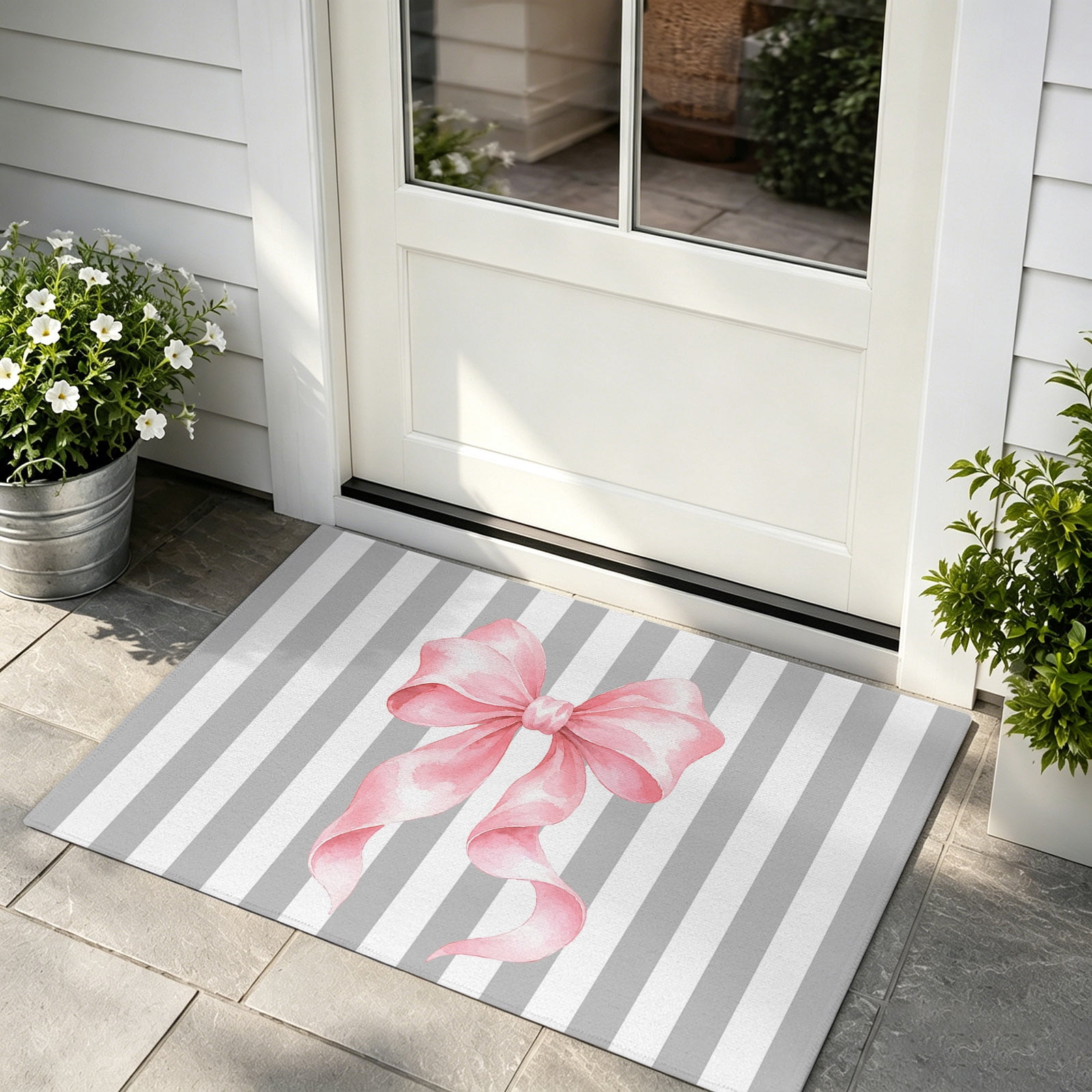 Pink Tied Bow Door Mat Indoor/Outdoor Entrance, Non Slip Welcome Floor ...