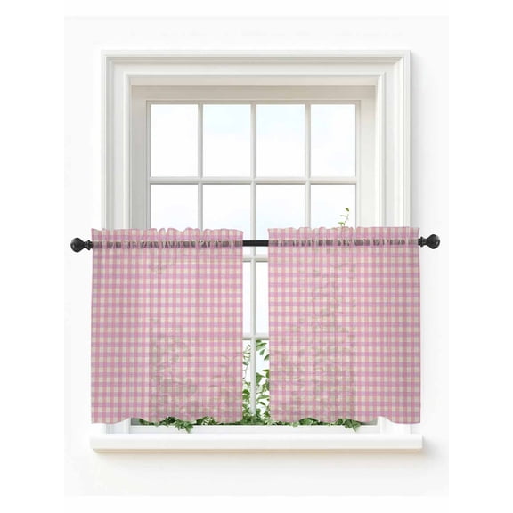 Pink Tier Curtains 24 Inch Length,Sheer Curtains for Bedroom Living Room Window Grid Checkered Plaid Gingham Lattice Trellis Rod Pocket Drapes Kitchen Curtains Small Half Window 27.5"x24" 2 Panels