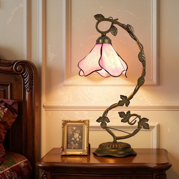 VIXNORYT 20" Pink Stained Glass Petal Table Lamp with LED Bulb – Handcrafted Vintage Art Deco Lighting for Living Room Bedroom Office