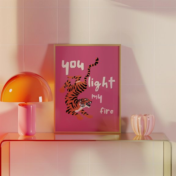Pink Tiger Art Print Retro Fire Poster, Vintage Style, Poster Only