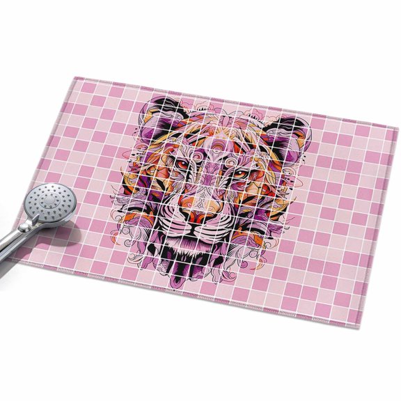 Pink Tiger Front Door Rugs 2x3ft Head Pink Buffalo Plaid Washable Rug, Non Slip Indoor Carpet Absorbent Floor Mat for Living Room Bedroom Dining Room