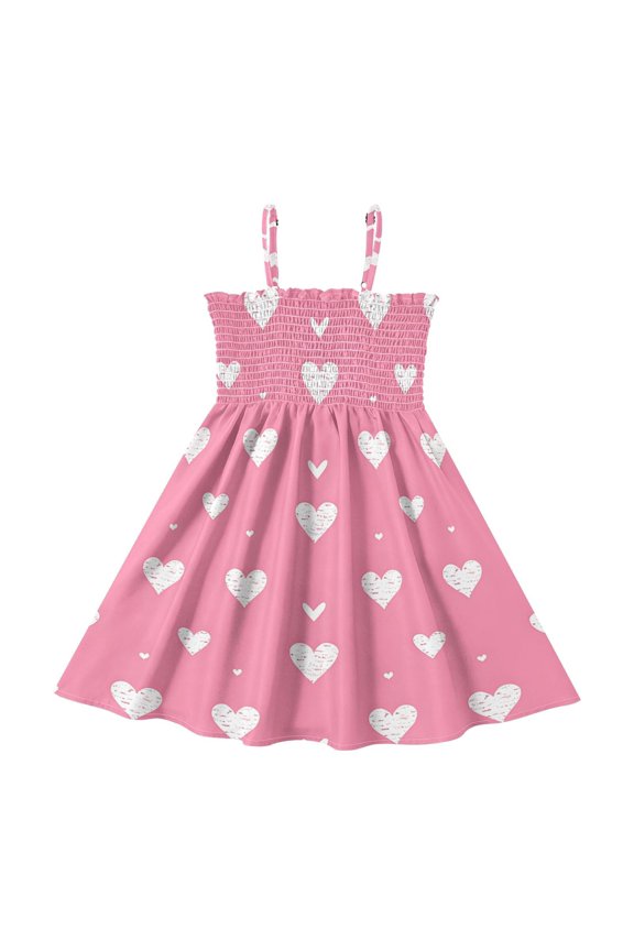 Pink Tile Love Red Pattern Girls' Casual Dresses 2Y-8Y Sleeveless Ruffle Neck for Summer Daily Wear