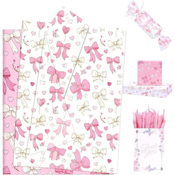 Pink Tissue Paper for Packaging, Bow Balloon Gift Wrap Tissue Paper for Gift Bags, Boxes & Crafts, Pretty Packing Supplies for Birthday, Wedding, Anniversary, Holiday, 60 Sheets 20x14in