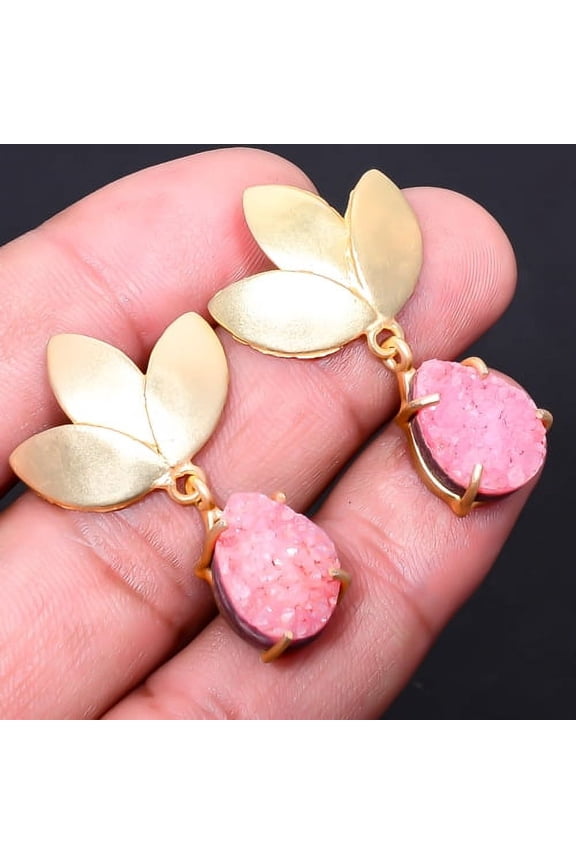 Pink Titanium Agate Drusy Gemstone Gold Plated Handmade Earring 1.37" E6146-6, Beautiful Jewelry For Woman, New Year Sale, Valentin's Day Gift