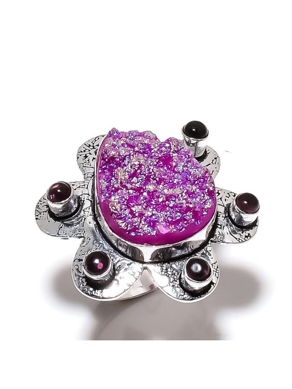 Pink Titanium Druzy, Amethyst Gemstone 925 Sterling Silver Jewelry Ring Size 6