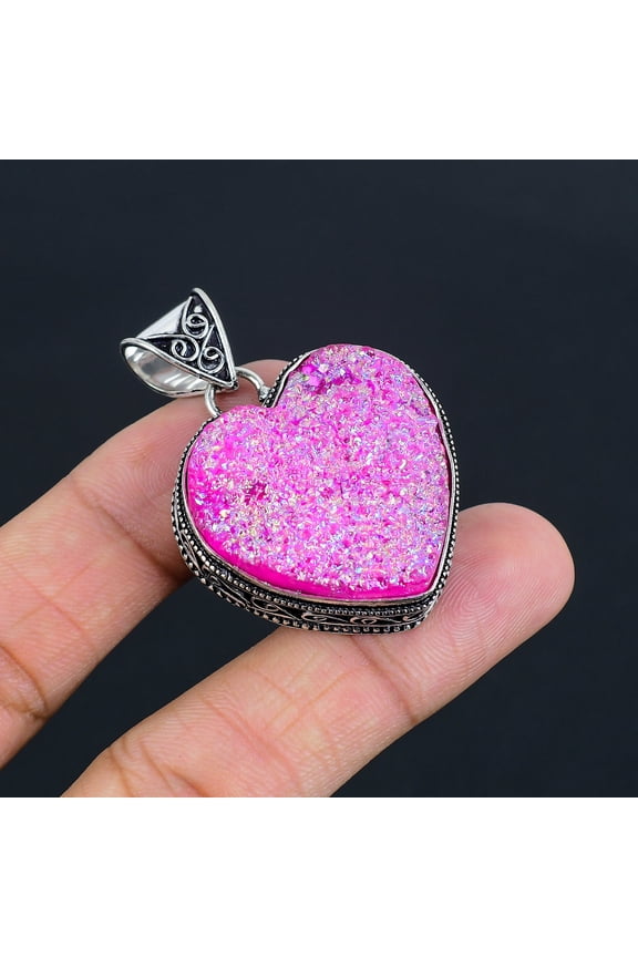 Pink Titanium Druzy Gemstone 925 Sterling Silver Vintage Pendant 1.9" VJ 970
