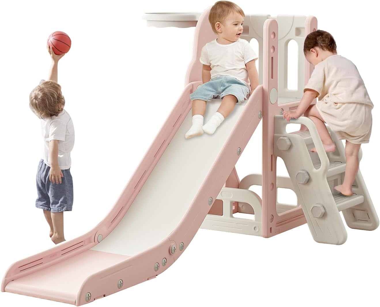 Toddler Slide With Basketball Hoop For Ages 1-3 - Indoor/Outdoor Dinosaur Pink Climber Playset