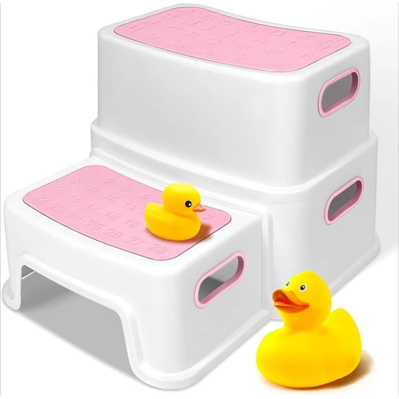 Pink Toddler Step Stool for Toilet, Two Step Stool for Kids Bathroom with Handle for Potty Training, Non-Slip Girls Small Heavy Duty Plastic Stool for Sink Bed Kitchen Counter (White-Pink)