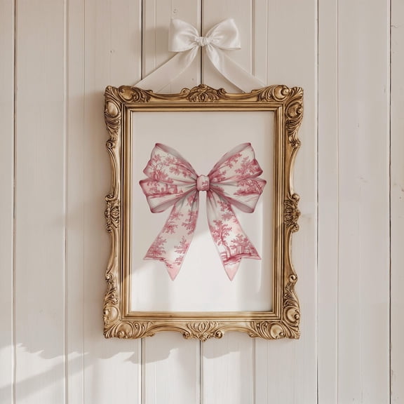 Pink Toile Bow Art Print, Chinoiserie Nursery Decor Home Decor #2773, Unframed Poster Size 8x12