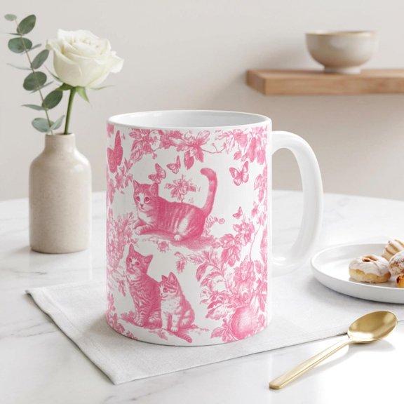 Pink Toile Cat Mug: Coquette Kitten Cup, Toile de Jouy Gifts for Cat Mom, Cat Lady Drinkware