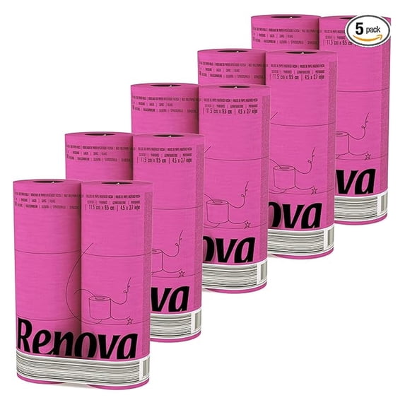 Pink Toilet Paper 6 Rolls Pack, 140 Sheets - Renova 5-Pack Decorative Bathroom Tissue, 3-Ply Soft & Strong, Eco-Friendly, Sandalwood Scented Core