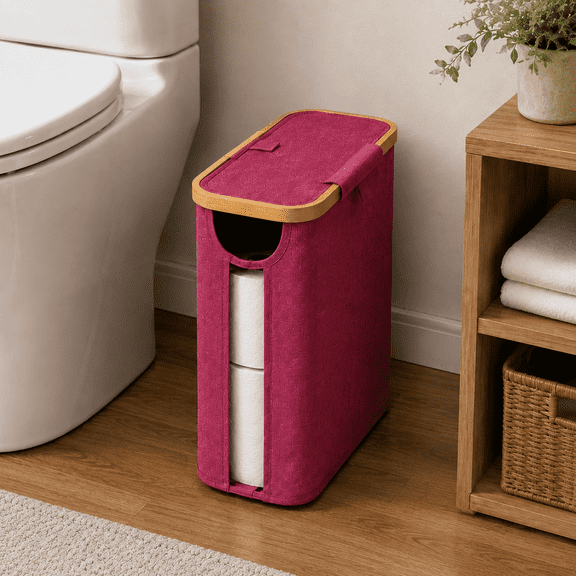 Pink Toilet Paper Storage Basket with Lid, Narrow Bathroom Toilet Paper Holder Organizer, Holds Up to 9 Rolls, Dustproof & Moisture Resistant Tissue Roll Storage Box with Visible Window