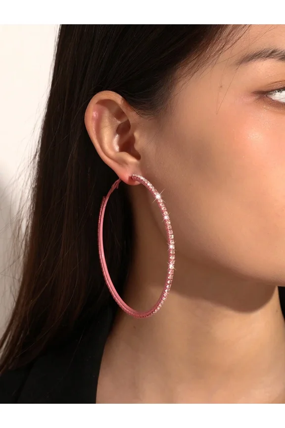 Pink-Tone Rhinestone-Embellished Chunky Hoop Earrings For Women,Pink,Fashion