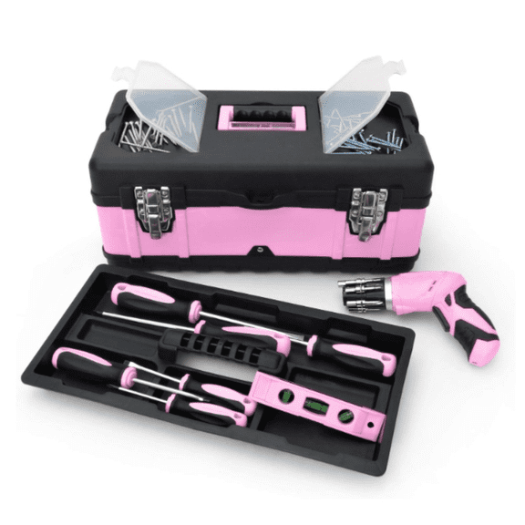 Pink Tool Box for Women - 18" Small Metal & Plastic Portable Lightweight Locking Empty Toolbox Chest - Craft Tote Storage Case Organizer for Ladies Mini Tool Set Kit