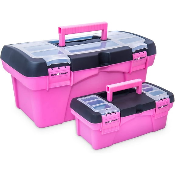 Pink Tool Box for Women - Sewing, Art & Craft Organizer Small & Large Plastic Tool Box with Handle - Pink Toolbox Sewing Tool Storage Box - Portable Mini Locking Tool Boxes (2 Pack)