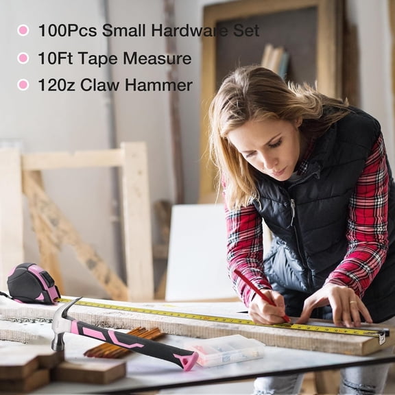 Pink Tool Kit, 263-Piece Home Repairing Tool Set with Wide Mouth Open Storage Bag, Household Tool Kit - Pink Ribbon