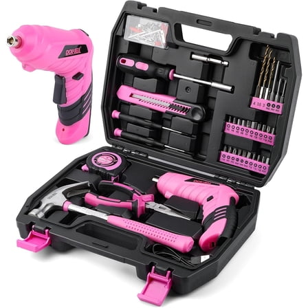 Pink Tool Kit with 3.6V USB Cordless Screwdriver, Small Drill Set for Women, Girls