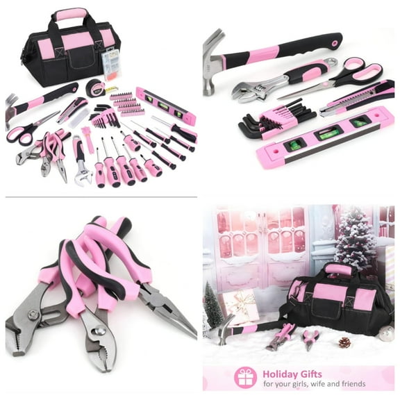 Pink Tool Set, 220-Piece Lady's Home Repairing Tool Kit with 12-Inch Wide Mouth Open Storage Tool Bag
