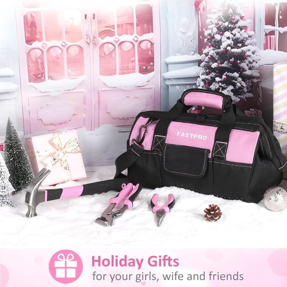 Pink Tool Set, 220-Piece Lady's Home Repairing Tool Kit with 12-Inch Wide Mouth Open Storage Tool Bag